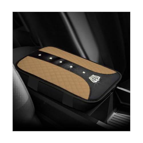 YTFRL Bling Leather Car Center Console Cover, Anti-Slip Crown Armrest Seat Box Cushion Pad with Rhinestones, Waterproof Crystal Arm Rest Protector Interior Decor for Most Vehicles (Beige)