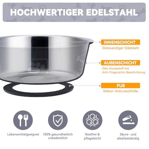 Mossly Fressnapf Hund 2 Stück, Edelstahl Hundenapf (17.5cm),Silikon Boden, Rutschschutz, wasserschüssel Hund 800Ml