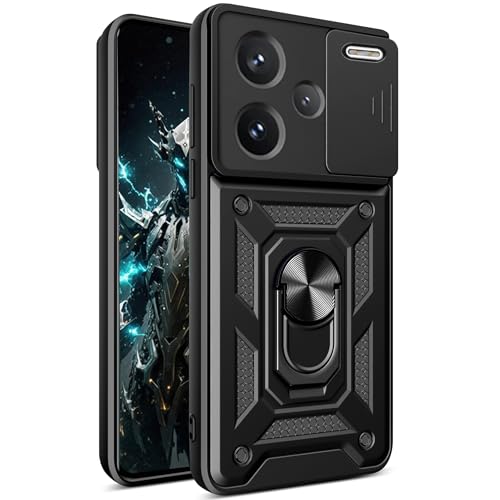 CSmall for Xiaomi Redmi Note 13 Pro+ 5G Case with Slide Camera Cover, Military Grade Rugged Shockproof Protective Phone Cover Case with Ring Kickstand for Redmi Note 13 Pro Plus 5G SJ Black