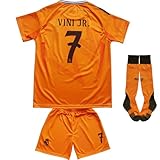 KWFOM Madrid Vini Jr. #7 Away 24/25 Kids Soccer Jersey Kit with Shorts/Socks Set Youth Sizes (Orange, 30)
