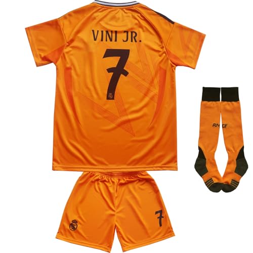 KWFOM Madrid Vini Jr. #7 Away 24/25 Kids Soccer Jersey Kit with Shorts/Socks Set Youth Sizes (Orange, 30)