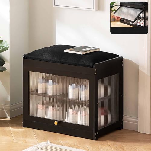 TYXFSMYXGS Banco de Almacenamiento de Madera con cojín, Zapatero de 2 Niveles, Banco de Entrada de bambú con Puerta abatible para Dormitorio, Pasillo o Sala de Estar Black