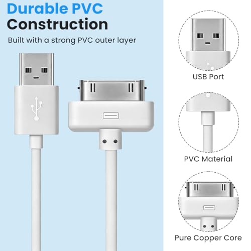 Image of Verilux 1M /3.3FT 30-Pin to USB 2.0 Charging Cable & Data Sync for iPhone 4 /4S /3G /3GS /iPad 3 /2 /1, Nylon Braided for iPhone charger wire Compatible with iPod Nano 6th /5th, iPod Touch 4th /3th, White