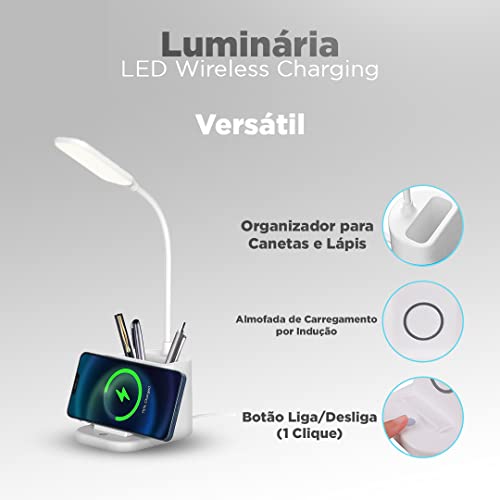 Luminaria de Mesa Articulada Touch Screen LED Flexível com Suporte Recarregável sem fio de Celular,