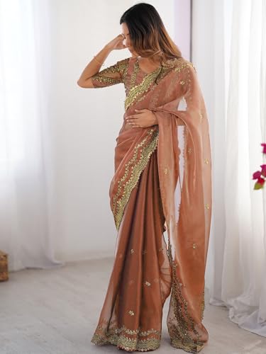 Image of Satrani Women's Shimmer Chiffon Sequins Embroidery Saree with Unstitched Blouse Piece