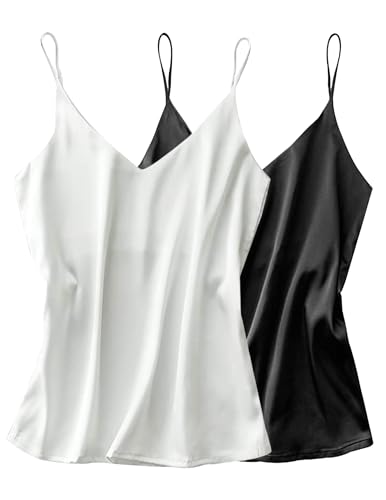 Ekouaer Satin Camisole Top for Women V Neck Pajama Tank Tops Silk Soft Spaghetti Strap Loose Basic Cami White/Black