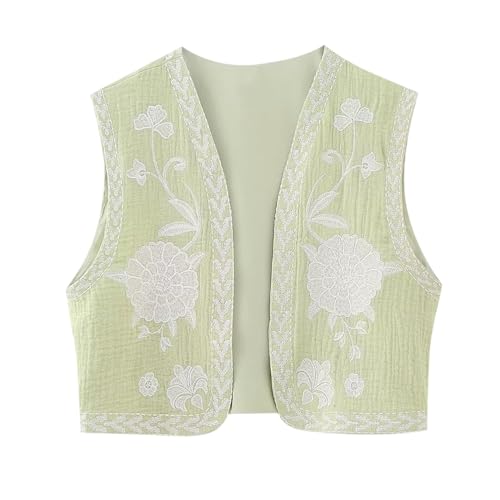 Cardigan pour femme broderie fleurs gilet en coton sans manches style rue française