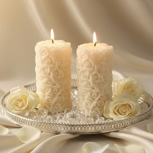 Image of Rose Pillar Candle, White Colour with Vanilla Fragrance, Smokeless Designer Decorative Candle Set for Home Decor, Diwali & Festive Gifting (5.5 x 10.5 cm, 12hrs)