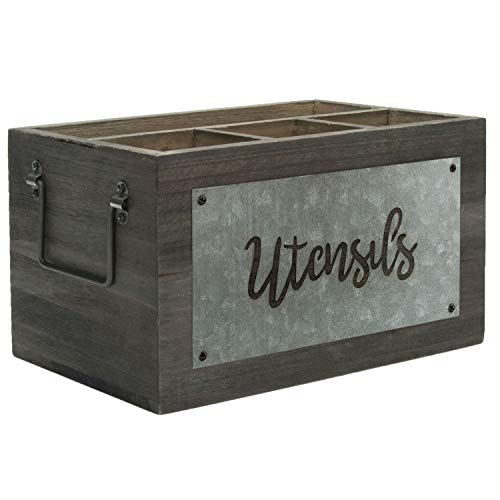 Mygift Vintage Gray Solid Wood Utensil And Napkin Holder Serving Caddy With Rustic Handles And Galvanized Panel With Utensils Cutout Design #TOP5