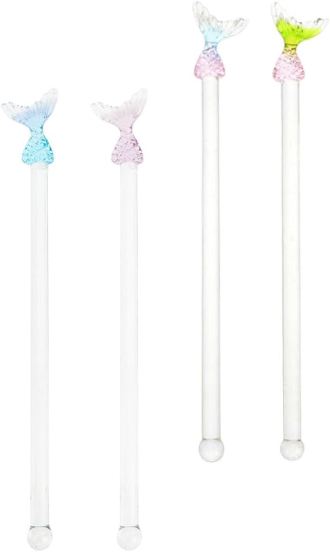 Glass Coffee Stirring Sticks Set of 4, Mermaid Design Pink Blue Purple Green, Multipurpose Glass Drink Stirrers for Coffee, Juice, Cocktails, Bar Tools for Home and Party Use
