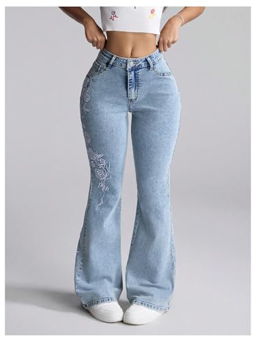 MakeMeChic Women's Jeans Y2K Floral Embroidery Flared Low Waisted Bootcut Denim Pants4