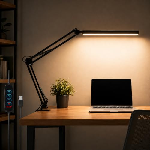 Image of One94Store Overhead LED Desk Lamp with Clamp | 360 Adjustable Swing Arm Table Light, 3 Color Modes & 10 Brightness Levels, Eye-Caring Reading Lamp with Memory Function for Study, Office & Home, Black