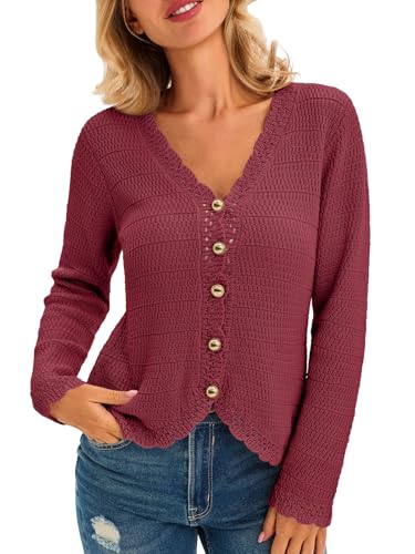 Image of Saodimallsu Womens V Neck Cardigan Sweaters Button Up Cropped Boho Knit Long Sleeve Loose Trendy Sweater Tops