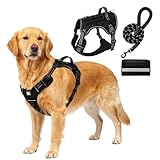 Arnés para Perros con Correa y Paquete Táctico para Perros Grandes, Medianos y Pequeños, Arnés de Pecho Acolchado Suave con Asa, Arnés Antitirones para Paseos y Entrenamiento (Negro, XL)