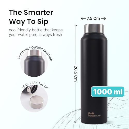 Image of The Better Home 1000 Stainless Steel Water Bottle 1 Litre | Rust-Proof, Lightweight, Leak-Proof & Durable | Eco-Friendly, Non-Toxic & BPA Free Water Bottles 1+ Litre | Black (Pack of 1)