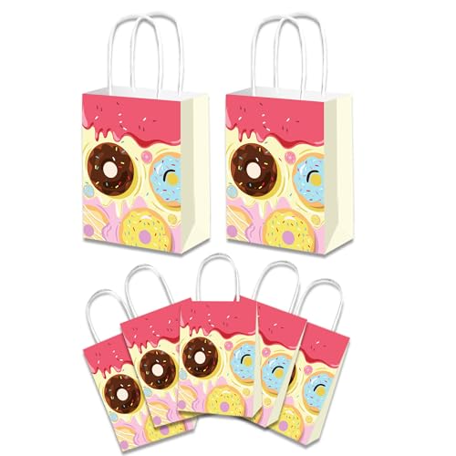 12 Pcs Delightful Donut Themed Gift Bags with Handles, Sturdy Kraft Paper Bags for Party Favors, Event Giveaways, and Present Packaging, Suitable for All Festivities