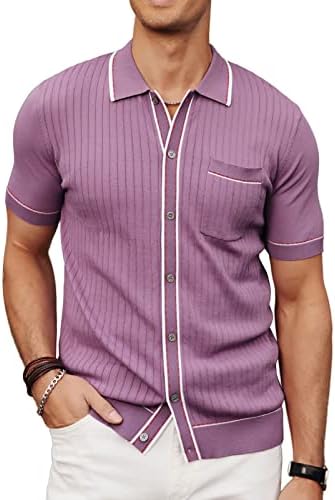 Mens Golf Polo Shirt Short Sleeve Button Down Knit Shirt Purple L