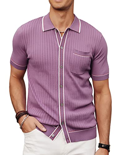 Mens Golf Polo Shirt Short Sleeve Button Down Knit Shirt Purple L #TOP6