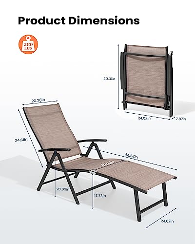Pellebant Outdoor Chaise Lounge Set of 2, Aluminum Pool Lounge Chairs with Adjustable Backrest & Footrest, Foldable Pool Loungers for Beach, Poolside, Deck, Patio(2pcs, Espresso)