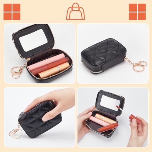 WADORN PU Leather Zipper Lipstick Storage Bags with Mirror, Small Cosmetic Bag for Lipsticks Mini Portable Makeup Holder for Women, Black - Image 3