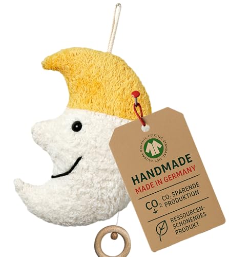 Efie Bio-Spieluhr Mond mit Mütze – 100% Baumwolle (KBA), Füllung aus Schurwolle (kbT), GOTS-Zertifiziert - Melodie: Schuberts Wiegenlied