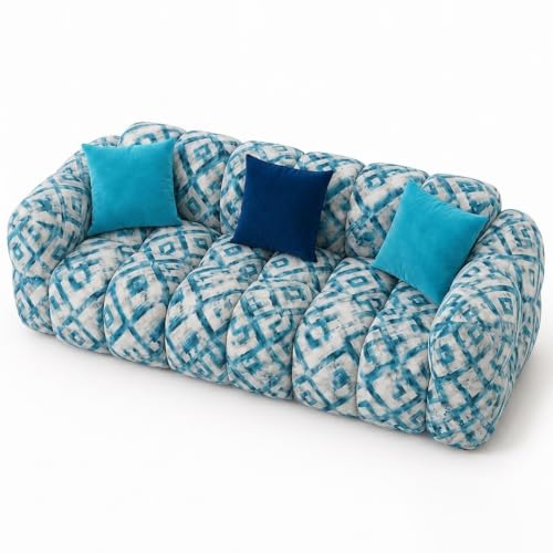 Image of FURNY Luxury Nimbus 3 Seater Bubble Cloud Sofa Set for Living Room | Tapestry Mosaic Fabric Upholstered | Modern Cushioned Comfortable Couch for Home Office & Drawing Room | Lagoon Blue