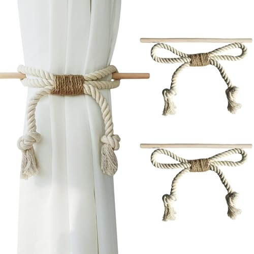 KASESSS 2 Pièces Embrasses de Rideaux, Style Bohème Attache Rideaux, Cordon Tressé Embrasse Rideau, Attache Rideau Embrasse Rustikaler Landhaussti en Bois...