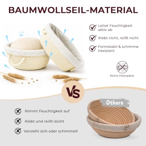 Gärkörbchen Set Rund & Oval aus Baumwollseil mit Leinen & Abdeckhauben,4 Packung – Ansicht 4