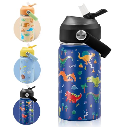 AMFUN Botella de Agua para Niños de Acero Inoxidable 350ml, Botella de Agua Aislada, Botella Termica con Pajita, Reutilizable, Sin BPA, Sin Fugas, Asa de Transporte（Modelo de Dinosaurio）