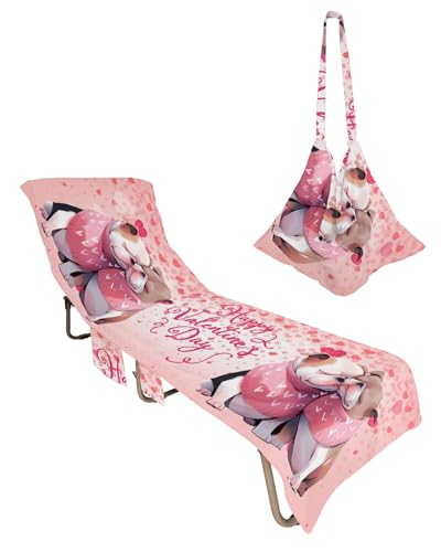 Valentine's Day Beach Chair Towel Covers for Chaise Lounge with Side Pocket, Soft Plush Pool Towels Cover for Patio Sunbathing Outdoor 29''x85'' Romantic Dogs Sweet Heart Love Pink