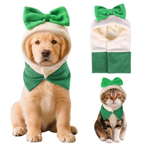 Winmany Gorro de Natal para cão com laço, forro polar quente para cães e gatos pequenos e médios, capuz para disfarce de animal de estimação (verde, grande)