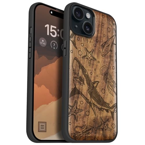Coque bois iPhone 15 Plus Magsafe antichoc étui Carveit Apple coque silicone noyer