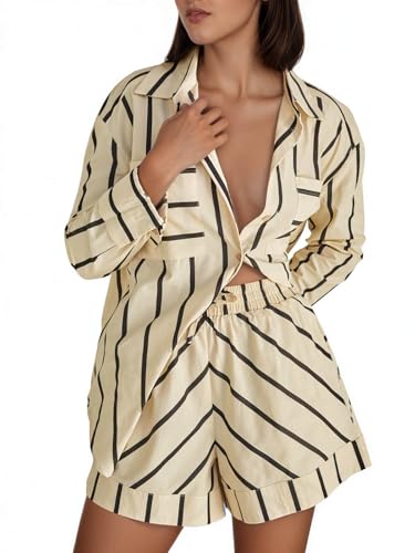 Image of Tankaneo Womens Striped 2 Piece Outfits Button Down Shirts and Shorts Lounge Matching Sets