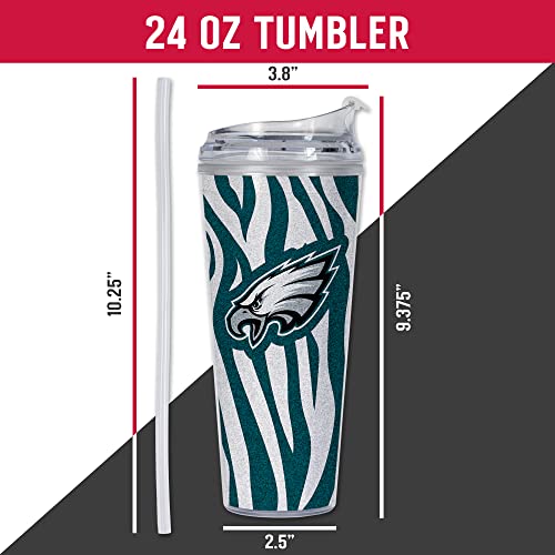 Image of Rico Industries NFL Football Glitter 24oz Acrylic Glitter Tumbler with Hinged Lid, Officially Licensed Double Wall Tumbler with Straw