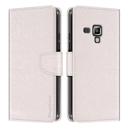 Shantime Funda Cartera de Cuero Compatible con Samsung Galaxy Trend Plus, Tapa de Color con Ranuras, Cierre Magnético Protección Completa(Blanco)