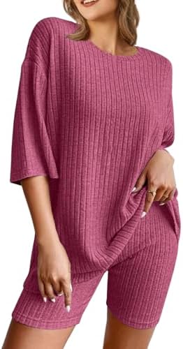 NORACORA Pajamas 2 Piece Lounge Sets Ribbed Knit for Women Matching T-shirt Shorts Outfits Sleepwear