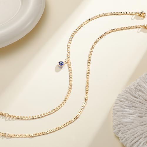 Image of Ritach Ankle Bracelets for Women - Silver /Gold Plated Stainless Steel Anklets for Women Waterproof Layered Cuban Link Figaro Chain Heart Anklets Set Summer Beach Jewelry Gifts