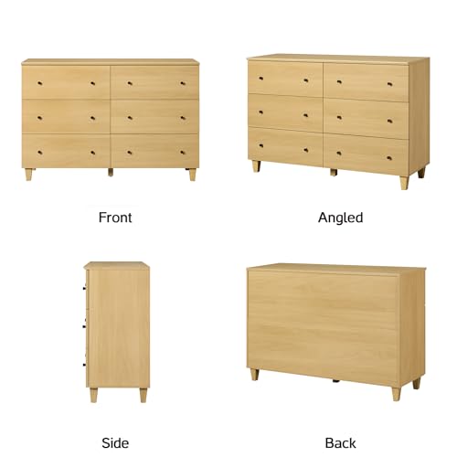 Image of WAMPAT Bedroom Dresser with 6 Drawers, Modern Chest of Drawers with Black Knobs, Wide Oak Wood Finish Storage Organizer for Kids Room, Living Room, Nursery, 47.2x15.5x32.4