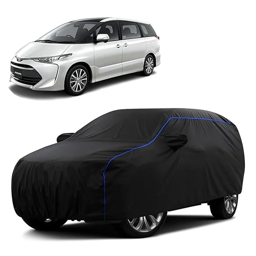 Image of Sulfar 100% Water Resistant Car Body Cover Compatible with Mirror for Toyota Previa (Triple Stitched, Full Bottom Elastic, Black Tafetta with Blue Piping)