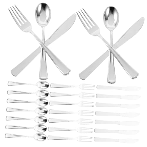 Abaodam 25セット 銀色使い捨てプラスチックカトラリー フォーク スプーン ナイフ 各種パーティーや家用に 滑らかで便利なテーブルウェア