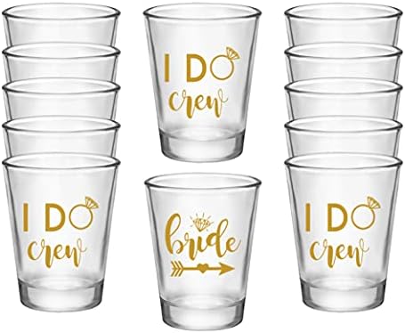 Bride and I Do Crew Bachelorette Party Shot Glasses, Set of 12, 11 Gold I Do Crew and 1 Gold Bride Shot Glass, Perfect Bachelorette Party Decorations and Brides Maid Gifts