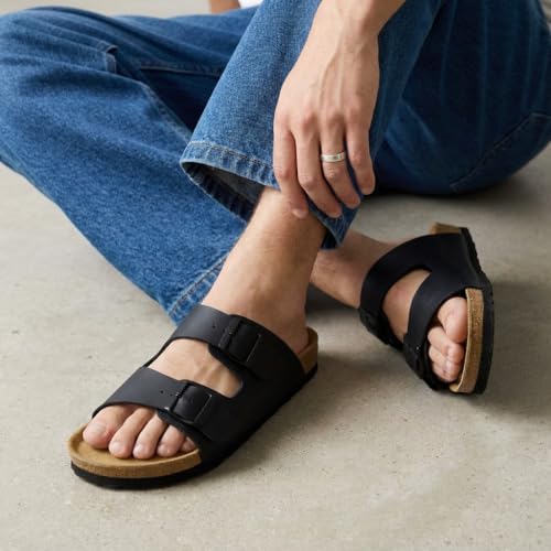 Image of CUSHIONAIRE Lane Cork Footbed Mens Sandals, Adjustable Buckle Comfort Slides for Men, Genuine Leather Insole Summer Sandals Men Footwear