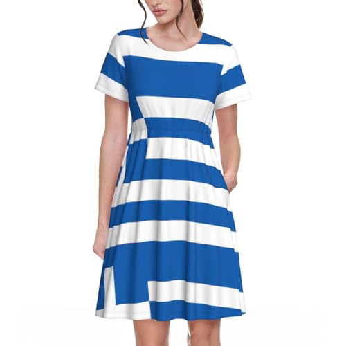 QHZLY Griechische Flagge Damen Floral Kurzarm Kleid Casual A-Linie Atmungsaktiv Sommerkleid, Schwarz , M