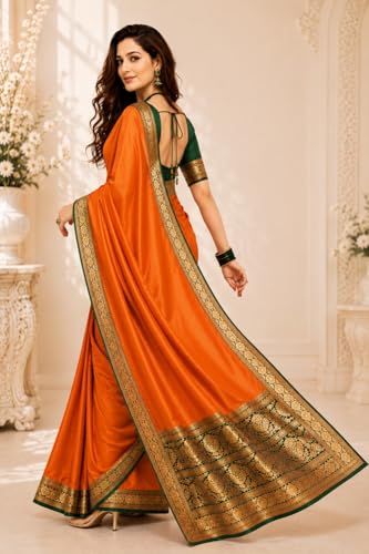 Image of Women's Glory Satin Silk Saree Plain Soft Shiny Elegant Party Traditional Ethnic