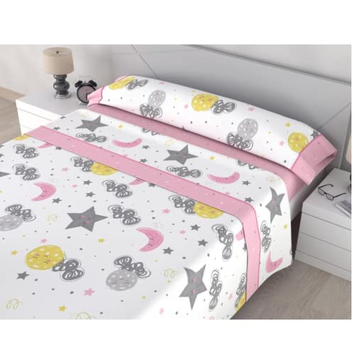 HM'S Home Secret Juego de Sábanas Luna de Roomers. con Originales Dibujos de Lunas y Estrellas. Validas para colchones de hasta 30 cms. (Cama 90, Rosa)