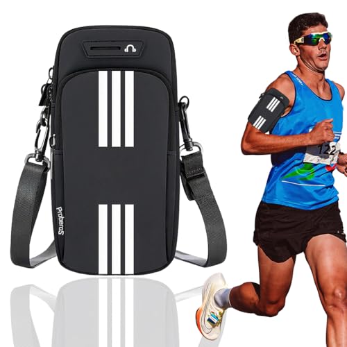 Image of Proberos Running Armband Pouch for 7'' Phones, Waterproof PU Arm Band, Double Layer Zip-up Pouch, Adjustable Arm Phone Holder with Night Reflective Strip & Earphone Cable Hole, Black