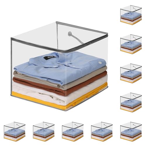 Remittur 10 PCS Clear Zippered Storage Bags with Handles,Sweater Storage with Two-way Zipper,Foldable Closet Organizer Bed Sheet Organizer,Cube Plastic Organizer,Bag,Bin,for Clothes,Towel-GY