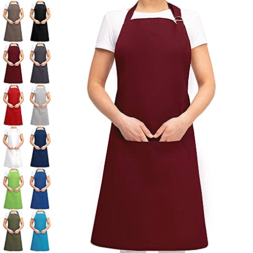 EllaTex Damen/Herren/UNISEX Schürze Kochschürze Kellnerschürze Bistroschürze Küchenschürze Grillschürze Latzschürze 100% Baumwolle, Farbe: Weinrot