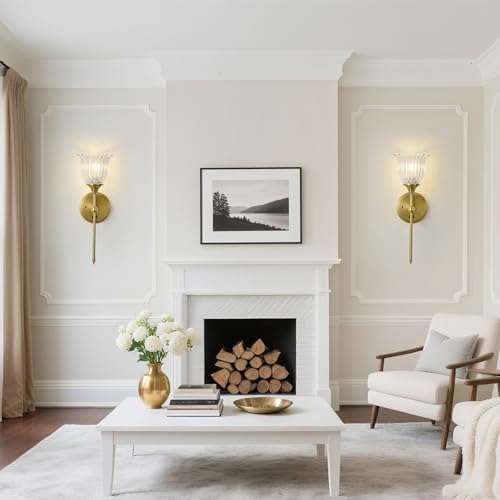 BOXCUPIN Modern Wall Sconces Set of 2 with Clear Flower Glass Shade, Mid Century Bathroom Vanity Wall Light Fixtures Gold Vintage Wall Lights with Switch for Mirror Bedroom Living Room — view 6