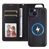 AoozeFon Handyhülle für iPhone 14/ iPhone 13 Hülle, MagSafe Kompatibel Magnetische Klapphülle, Abnehmbare 2-in-1 360° Stoßfeste Schutzhülle mit Kabelloses Laden & RFID-Blocker & Kartenfach, Schwarz